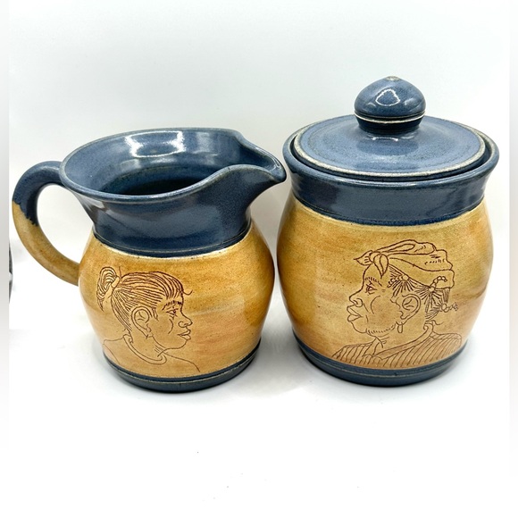 RARE! Sugar Bowl & Creamer Signed Eugene Pottery South Carolina 10/1992 - Picture 2 of 11